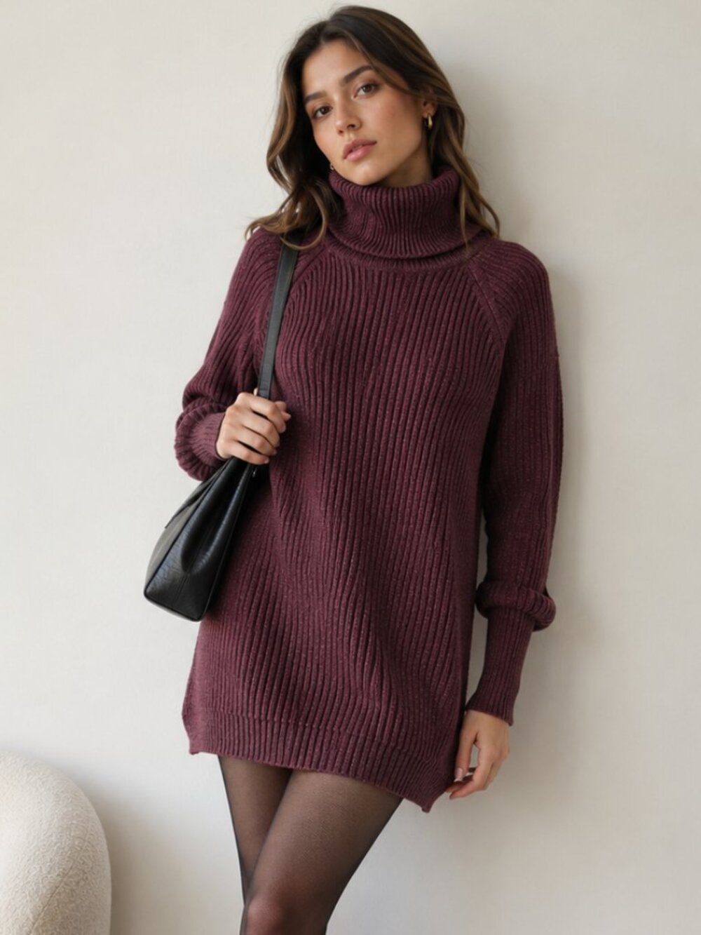 Burgundy Ribbed Turtleneck Tunic Sweater Long Sleeve High Low Hem Knit Small